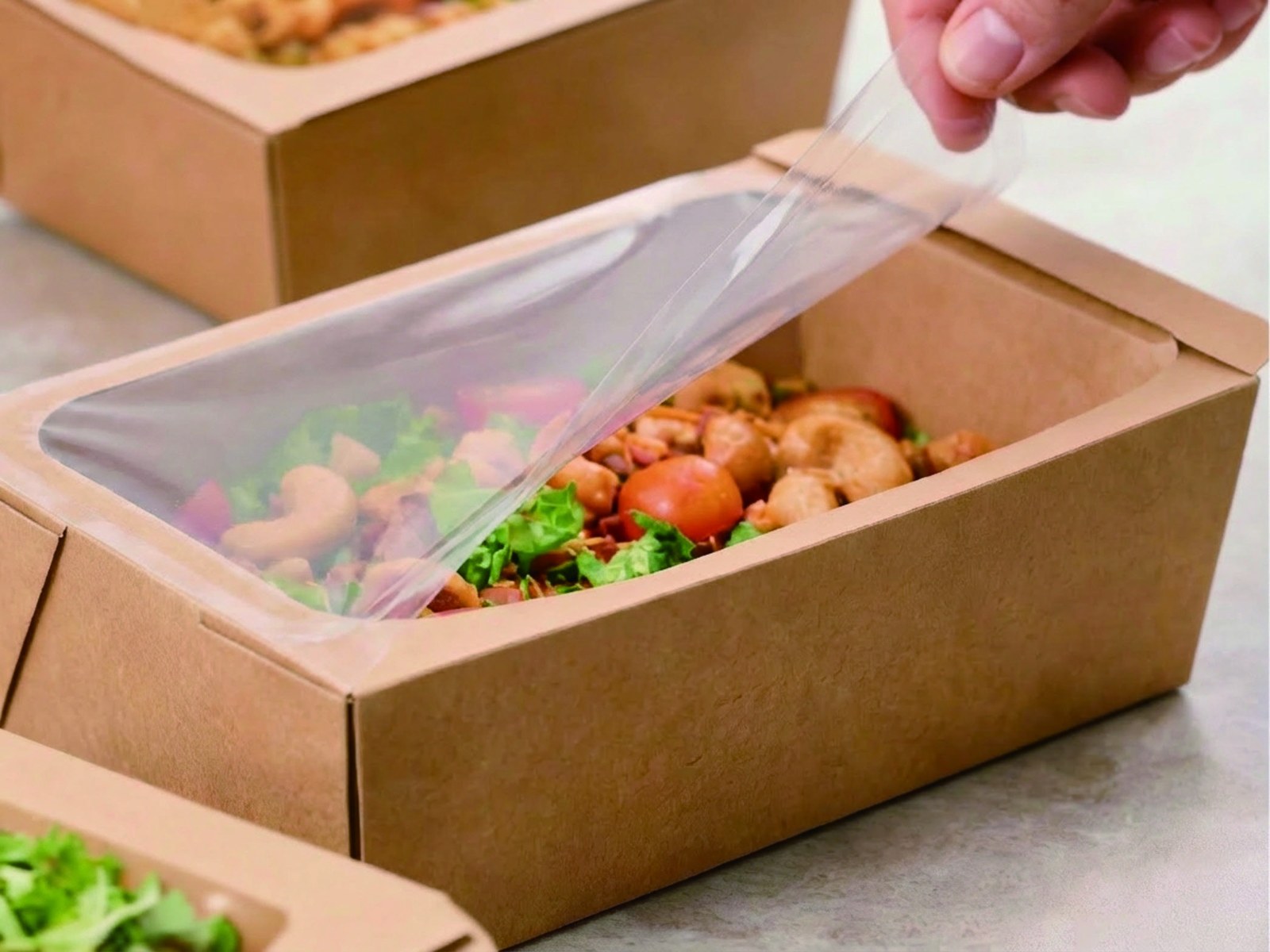 Easy-peel film opened on a paper-based food tray
